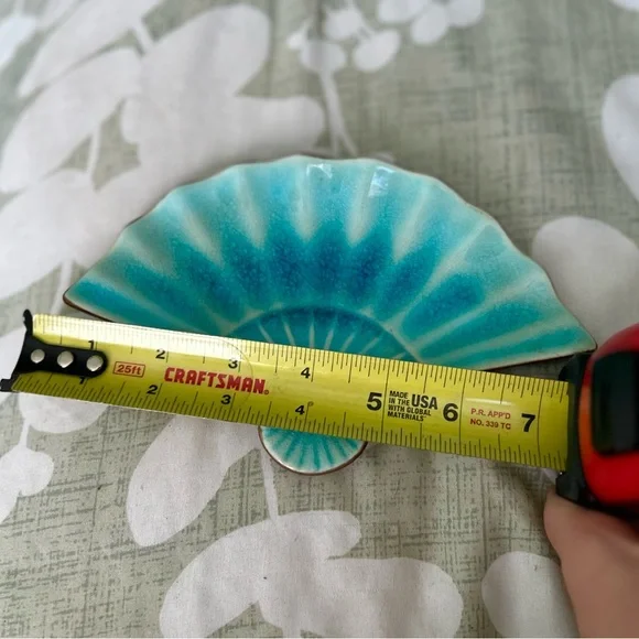 Vintage Teal Glass Ceramic Oriental Fan Dish Decorative Home Accent - Picture 5 of 6